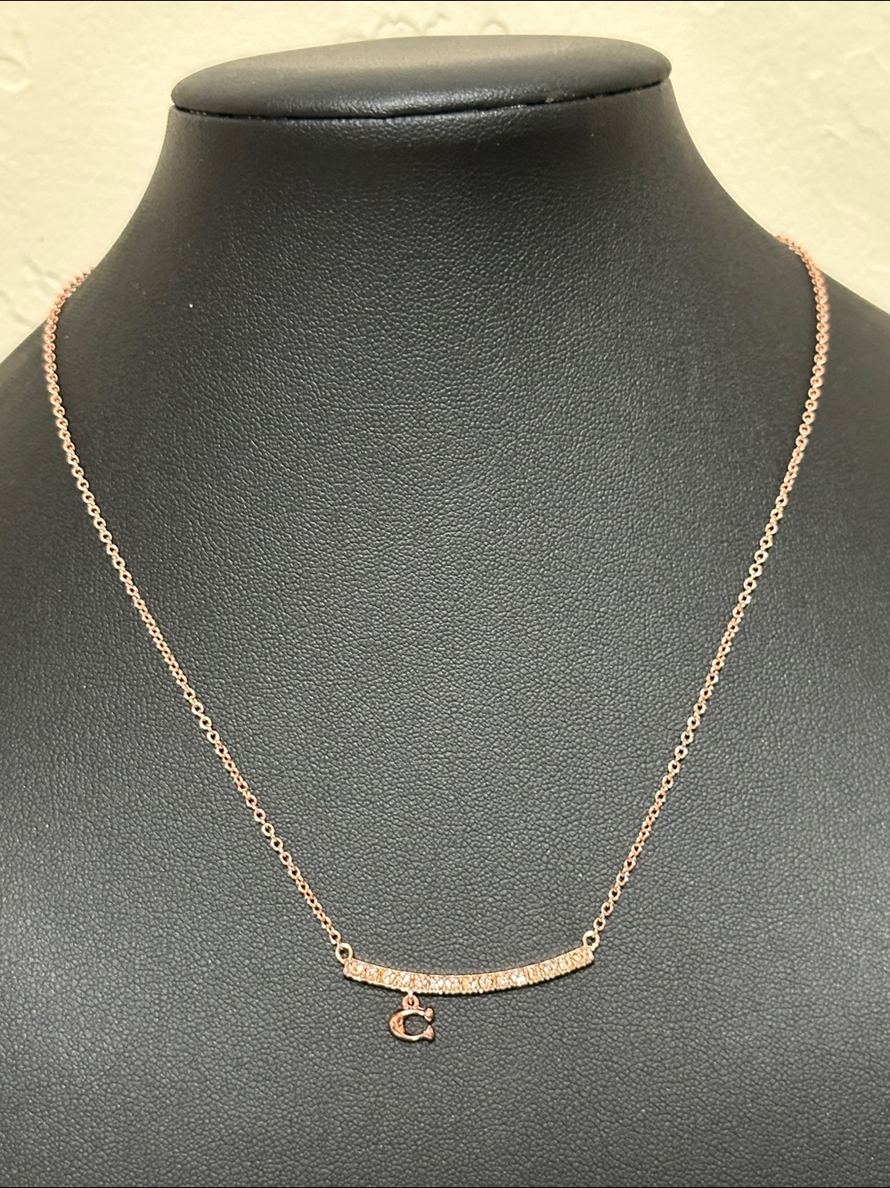 COACH Signature Pave Bar Charm Rose Gold w/Crystal Necklace